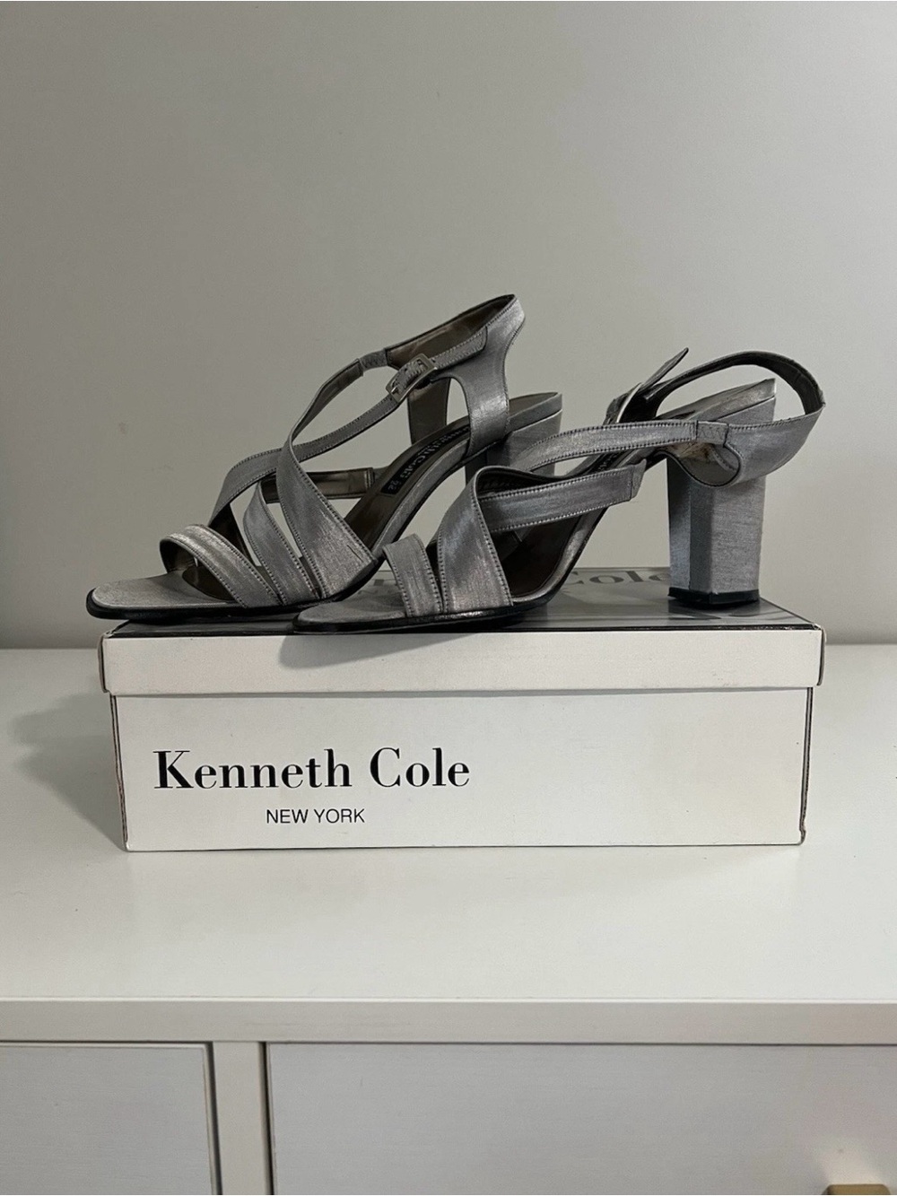 Kenneth Cole Metallic Silver Strappy Block Heels